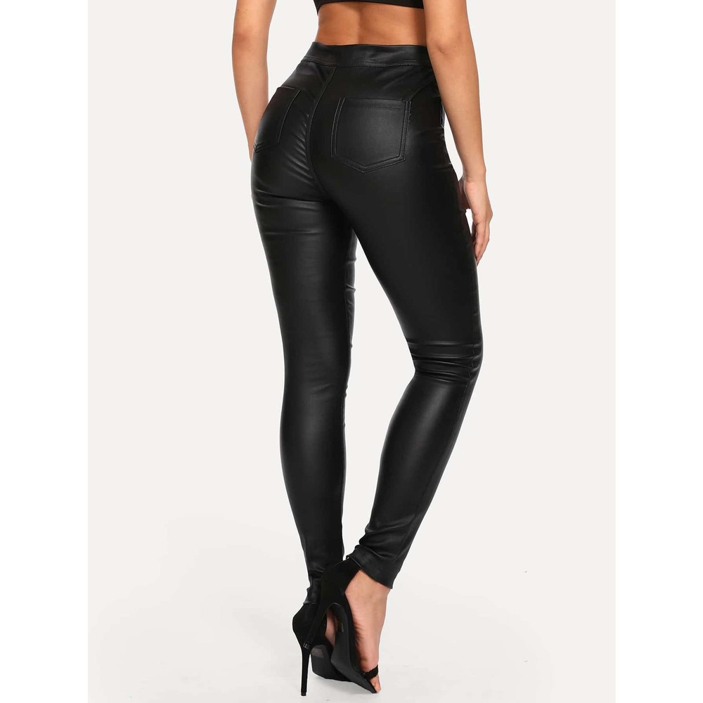 High Waist High Stretch vegan Leather coated Skinny Jeans black - Picture 2 of 4